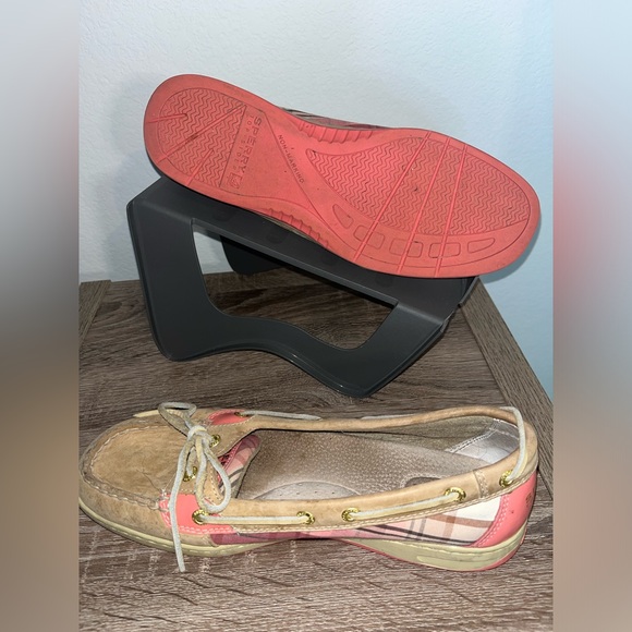Sperry Topsider Hardback Tan Leather Pink/Plaid Preppy Boat Shoes Women's 9.5M - Picture 11 of 16
